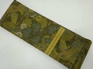 アンティーク　孔雀に桐菊・笹模様織り出し半幅帯（着用可）